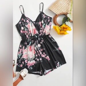 Plus size floral print surplice cami romper